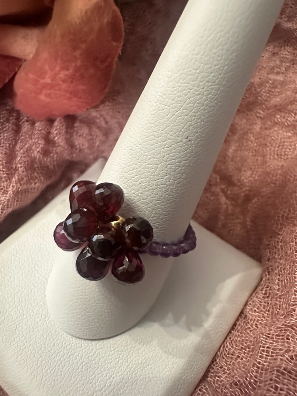 Purple Garnet Cluster Beaded Ring- 10K Gold FP stretchy fits size 10 and up.